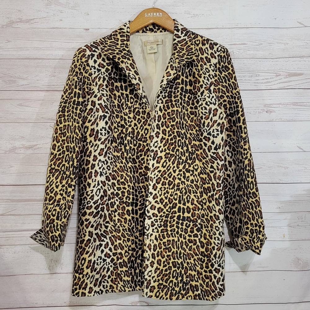 Transitions Open Front Blazer Womens Small Animal Print 100% Silk Shoulder Pads